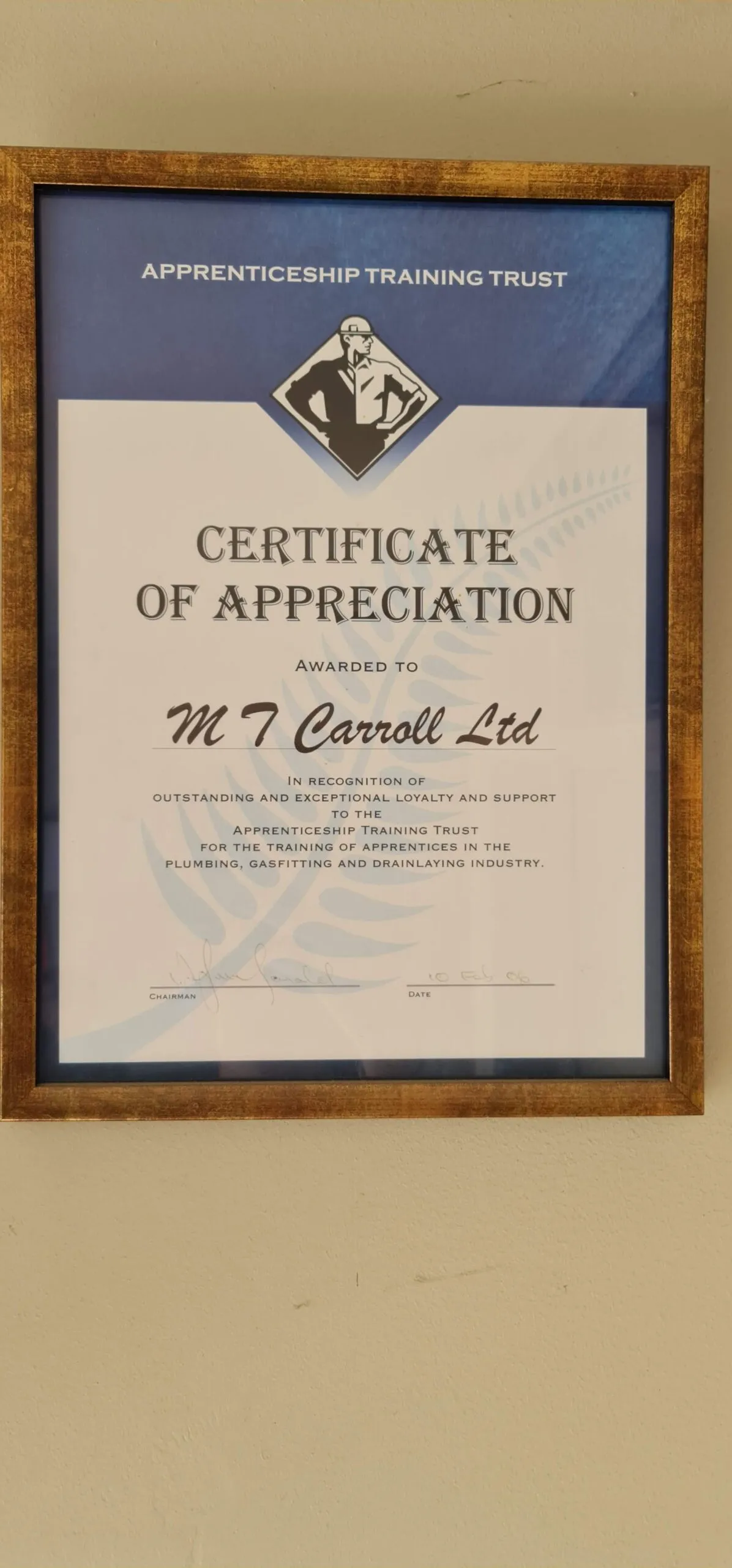A framed Apprenticeship Training Trust certificate of appreciation awarded to M.T. Carroll Ltd for supporting the training of apprentices