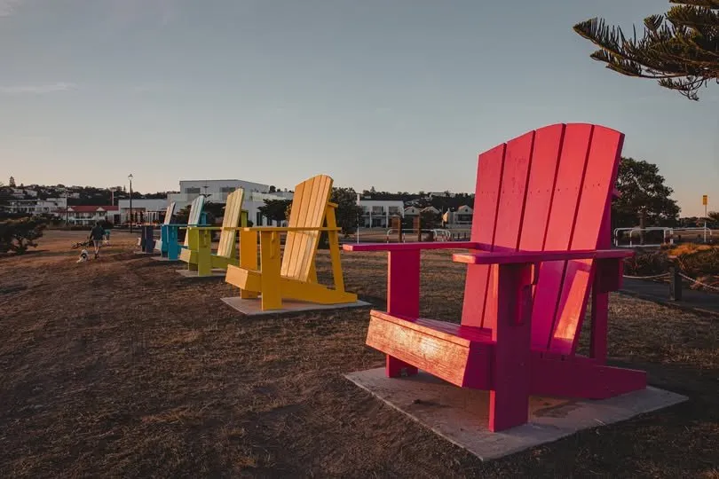 The coloured deckchairs at Ahuriri in Napier at sunset