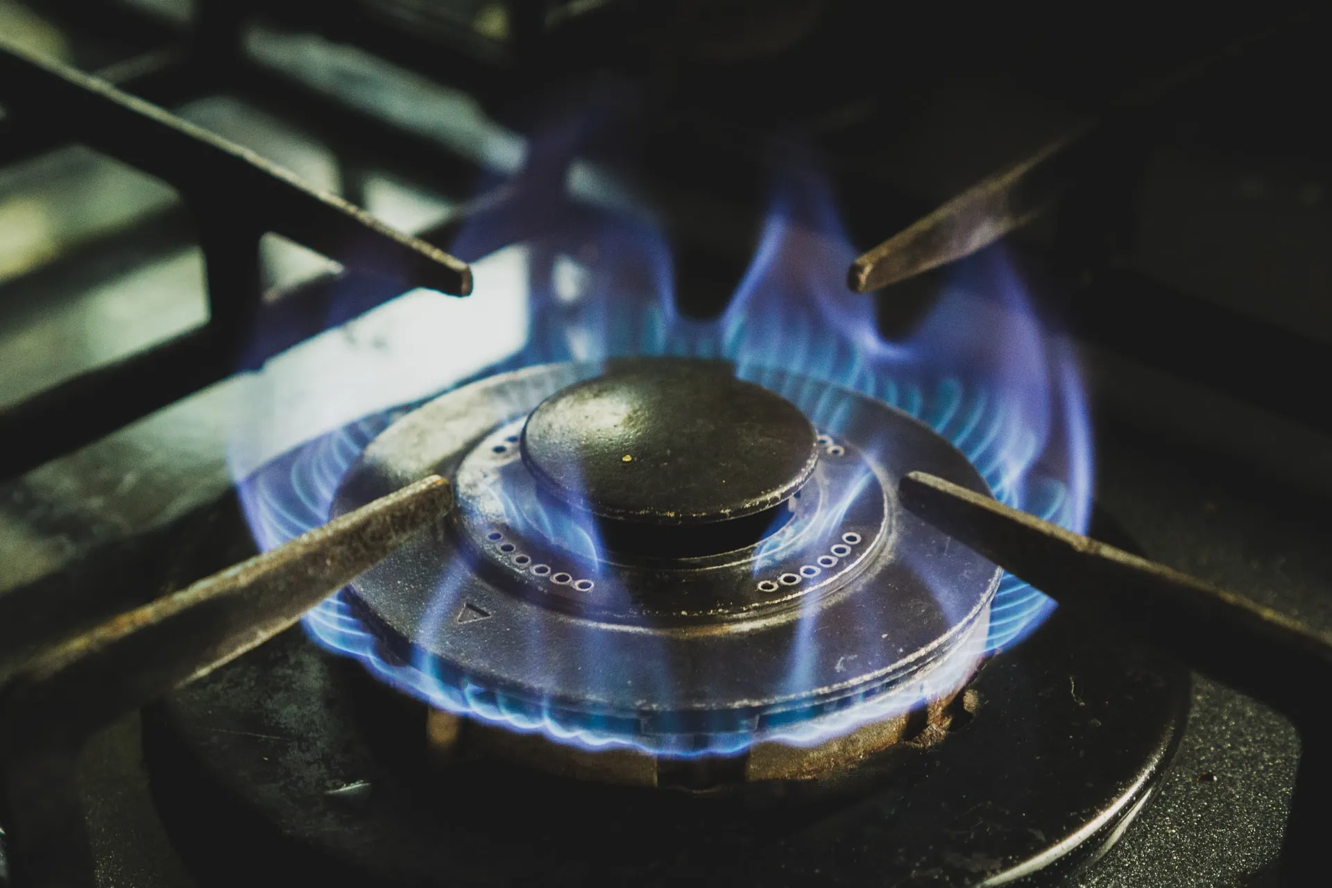 A gas hob burner alight, blue flame across the burner ring under a cast iron trivet